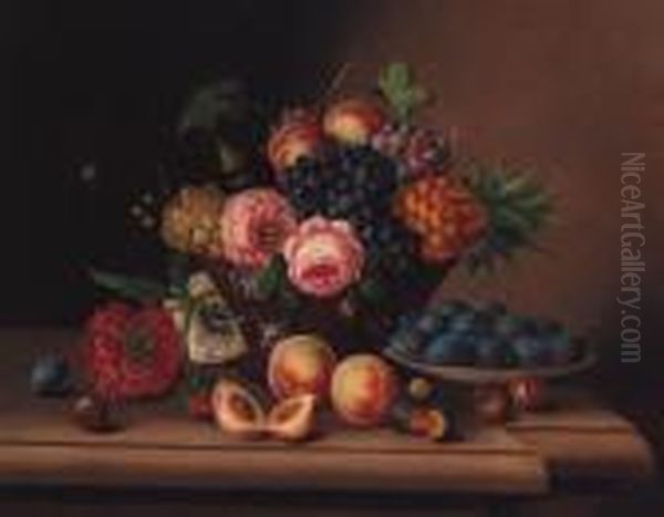 A Basket Of Grapes, Apples, 
Roses And A Pineapple With Peaches,plums And Other Flowers On A Stone 
Ledge Oil Painting by Georg (Johann G.) Seitz