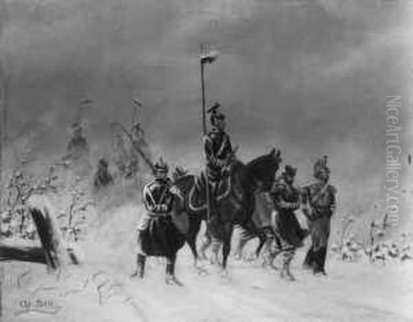 Winterpatrouille Im Krieg 
1870/71. Signiert Unten Links: Chr. Sell. Ol Auf Leinwand. H 27; B 35 
Cm. Oil Painting by Christian Ii Sell