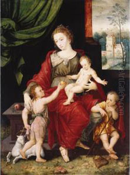The Madonna And Child With The 
Infant Saint John The Baptist And A Child Pilgrim, A Landscape Visible 
Through A Window Beyond Oil Painting by Vincent Sellaer
