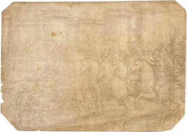 Siege Of A Walled City With Cavalry And Foot-soldiers Oil Painting by Andrea Semino