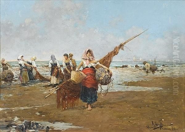 Fishergirls On The Beach Oil Painting by Rafael Senet y Perez