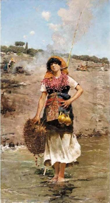 Pescadora (a Young Fisherwoman) Oil Painting by Rafael Senet y Perez