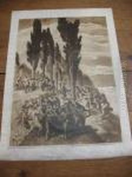 Epreuve Sur Papier Parchemin 
Representant Des Musiciens Et Des Personnages Faisant Des Rondes Autour 
De Troncs D'arbres Oil Painting by Jose Maria Sert Y Badia