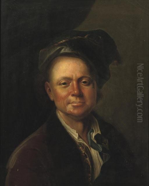 Portrait Of A Young Man, 
Bust-length, In A Fur-lined Red Coat, An Embroidered Vest And A Green 
Velvet Headdress Oil Painting by Christian Seybold