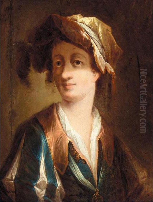 Portrait Of A Gentleman, Half 
Length, Wearing A Blue Jacket With Slashed Sleeves And A Pink Collar, 
And An Elaborate Feathered Hat Oil Painting by Christian Seybold