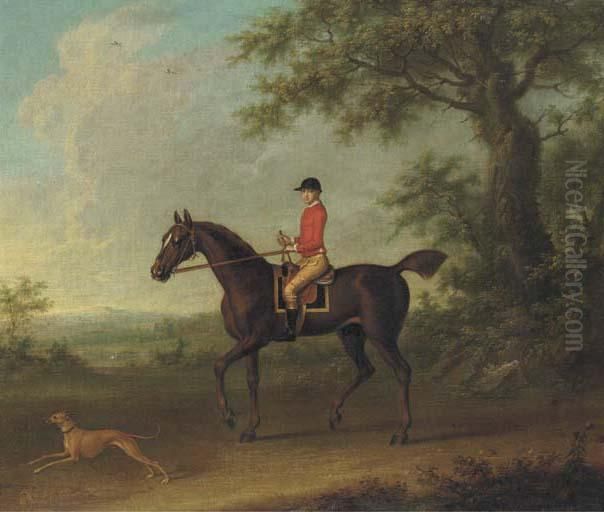 Sedbury, With Jockey Up, And A 
Greyhound In An Extensive Wooded Landscape, With Two Country Houses 
Beyond Oil Painting by James Seymour