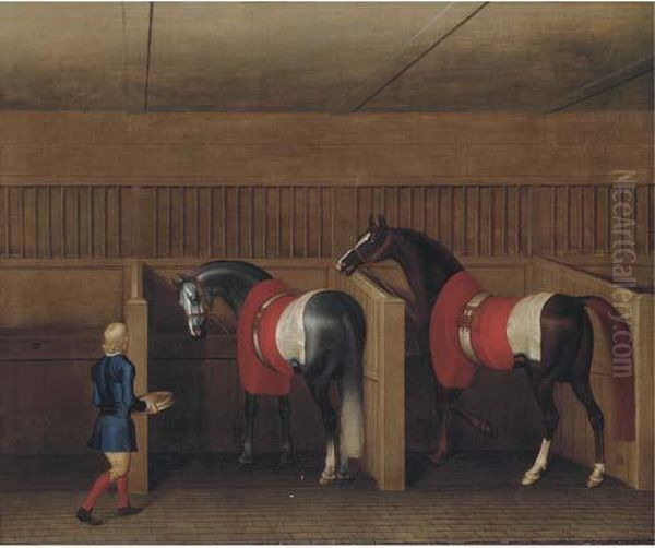 Two Racehorses With A Groom In A Stable Oil Painting by James Seymour