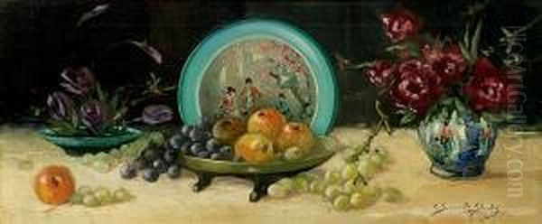 Still Life With Fruit, Flowers And Oriental Ceramics Oil Painting by William Somerville Shanks