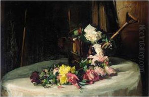 A Still Life Of Roses And Watering Can Oil Painting by William Somerville Shanks