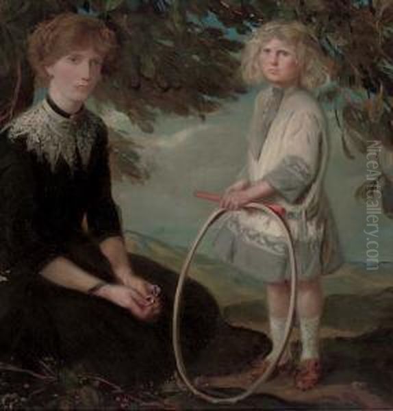 Portrait Of A Mother, Seated 
Full-length In A Garden, Her Son Standing Beside Her Holding A Hoop Oil Painting by Charles Haslewood Shannon