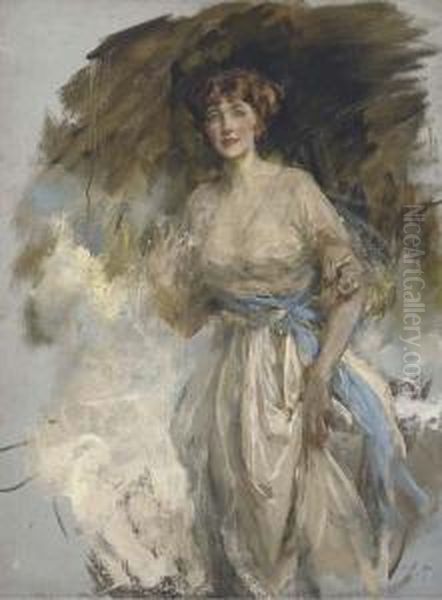 Portrait Of Lady Grace Dance, 
Three-quarter-length, In A Whitedress With Blue Waistband, A Sketch Oil Painting by James Jebusa Shannon