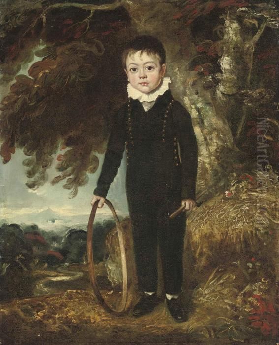 Portrait Of A Boy, Full-length, 
In A Blue Coat And Trousers, A Hoopin His Right Hand, Standing In A 
Landscape Oil Painting by Martin Archer Shee