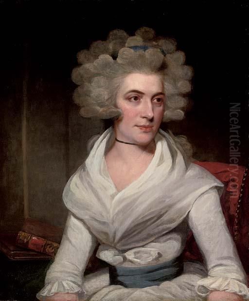Portrait Of Anna Margaretta 
Larpent (1758-1832), Seated, Half-length, In A White Dress With A Blue 
Sash, Some Books By Her Side Oil Painting by Martin Archer Shee