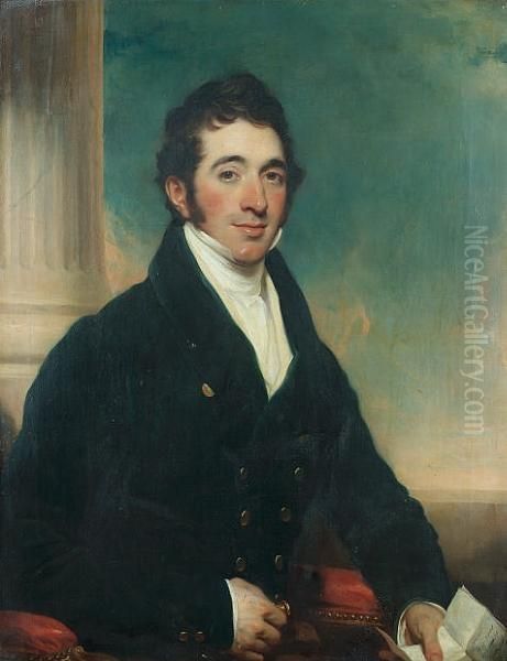 Portrait Of John Fairlie, Seated
 Half-length, In A Dark Blue Coat And Holding A Letter, Before A Column Oil Painting by Martin Archer Shee