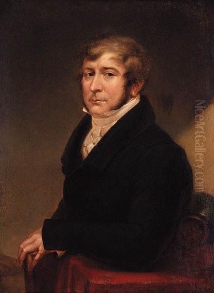 Portrait Of Dr Patrick Lynch, 
Seated Half-length, In A Black Jacketand White Shirt, Resting His Hand 
On A Book Oil Painting by Martin Archer Shee