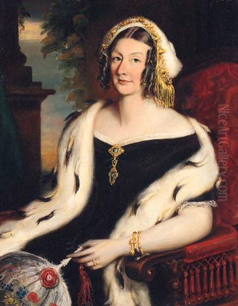 Portrait Of A Lady, Seated 
Three-quarter-length, In A Black Dresswith Ermine Shawl, Holding A Fan, A
 Column Beyond Oil Painting by Martin Archer Shee