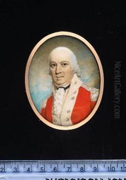 A Field Officer, Wearing Scarlet
 Coatee With White Facings, Silver Buttons Matching Epaulettes, White 
Waistcoat Frilled Chemise And Black Solitaire, His Hair Powdered And 
Worn En Queue. Oil Painting by Samuel Shelley