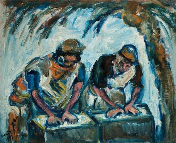 Washerwomen Oil Painting by Menachem Schmidt Shemi