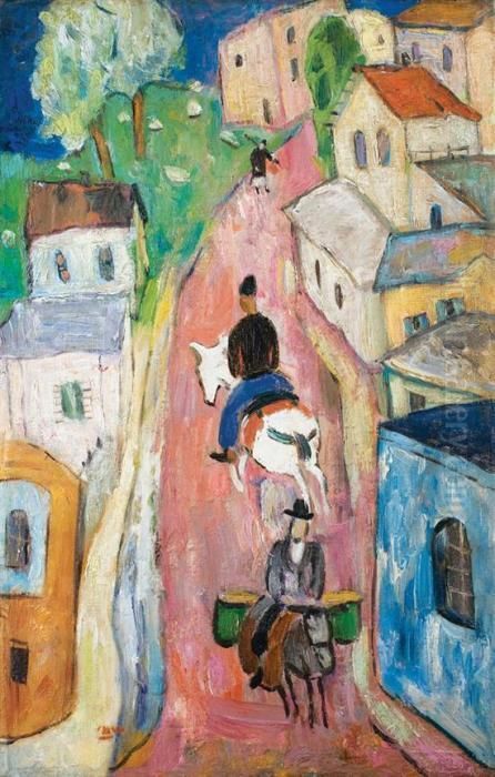 Riders In Safed Oil Painting by Menachem Schmidt Shemi