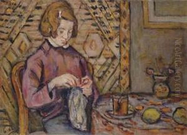 Girl Knitting Oil Painting by Menachem Schmidt Shemi