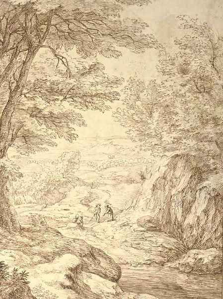 A rocky landscape with figures on a path Oil Painting by Jacob Esselens