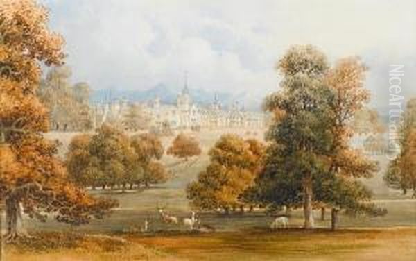 A Welsh Country House And Grounds With A Deerpark In The Foreground Oil Painting by George Shepherd