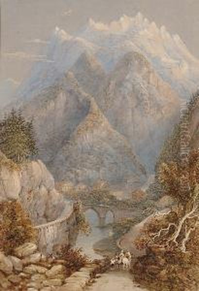 Figures On A Path In An Alpine Landscape Oil Painting by George Shepherd