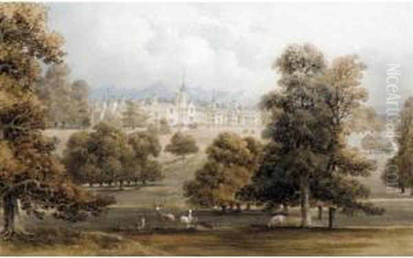 A Country House And Park In A Mountainous Landscape Oil Painting by George Shepherd