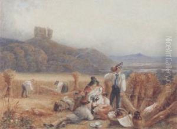 Harvesters Picknicking Near A Castle On A Hill Oil Painting by George Shepherd