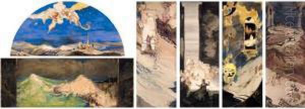 The Cauldron Of Anwn: Bronwen, 
Playing Music, Baptism Of Dylan, The Tale Of Kynon, Peredur And The 
Serpent Of The Mount Of Morning, A Dragon Passing Over Travellers Oil Painting by George Sheringham