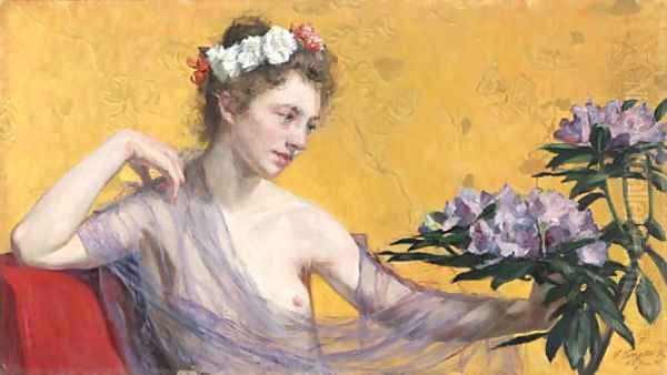 A beauty with rhododendrons Oil Painting by Friedrich Georg Engler
