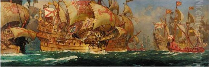 The Armada Coming Up The Channel
 Sighting The Lizard, The Spanish Admiral, Medina Sidonia, Hoists The 
Specially Embroidered And Consecrated Banner Oil Painting by Kenneth Denton Shoesmith