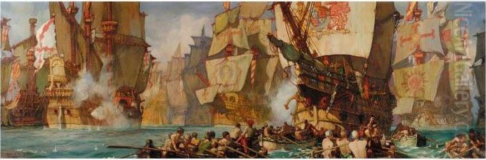 The Fight Off Portland Hill, 
Lord Howard On The Ark Royal, Hard Beset By The Spanish Galleons, Is 
Towed Into The Breeze Oil Painting by Kenneth Denton Shoesmith