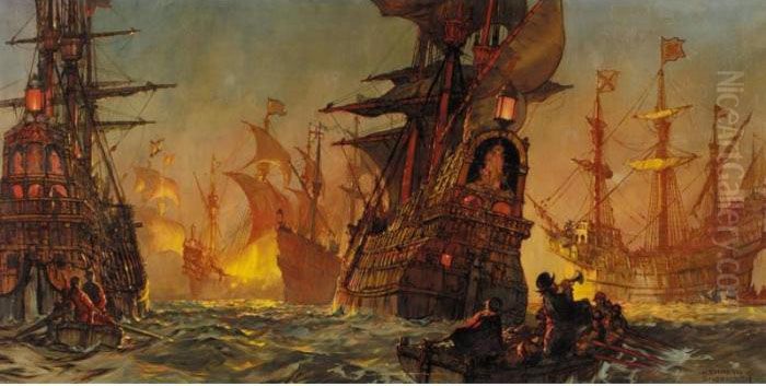 The Armada Anchored In Calais 
Roads Panic Stricken At The Approach Of The Eight English Fire Ships At 
Midnight Oil Painting by Kenneth Denton Shoesmith