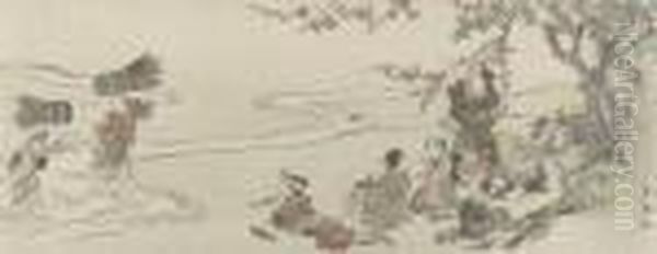A Design Of Peasants Resting 
Under A Tree Watching Two Women Carrying Bundles Across A Stream, Signed Oil Painting by Katsukawa Shunei