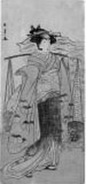 Shunsho 
Hoso-e
. Der Schauspieler Osagawa Tsuneyo Ii Das Madchen Murasame Oder 
Matsukaze Darstellend. Sie Schopft Am Strand Von Suma Mit Zwei Eimern 
Sole. Bez.: Shunsho Ga.
 Sammlerstempel Verso Gen ; Ex Slgn. Kleemann Fedor Sibeth
 Sehr Guter Dr Oil Painting by Katsukawa Shunsho