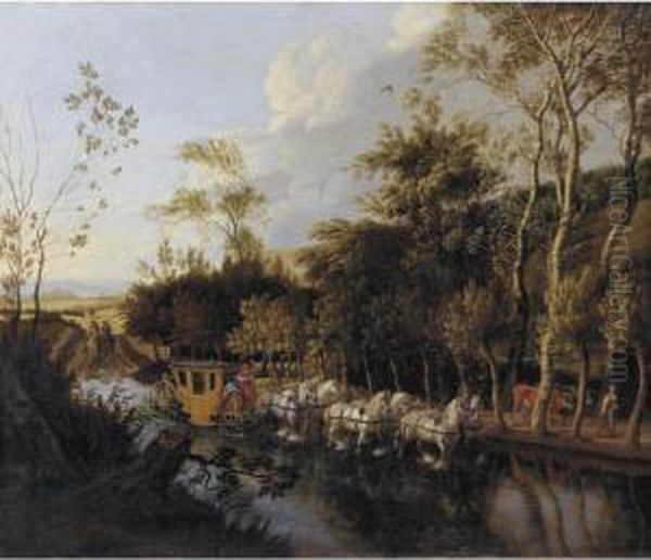 Sold By The J. Paul Getty Museum To Benefit Future Painting Acquisitions
 

 
 
 

 
 A Coach Pulled By Six Horses Crossing A Flooded Road Oil Painting by Jan Siberechts