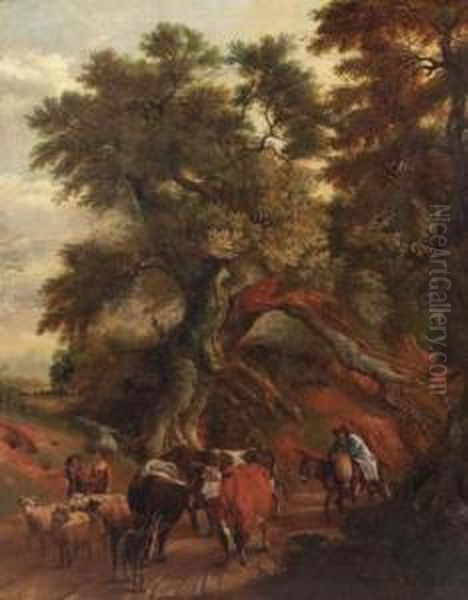 Peasants With Cattle And Flock Returning From Market On A Countryroad Oil Painting by Jan Siberechts