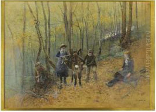 Enfants Ramassant Des Brindilles Oil Painting by Benjamin D. Sigmund