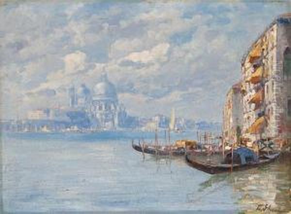 The Entrance To The Grand Canal With The Santa Maria Della Salutebeyond Oil Painting by Ferdinando Silvani