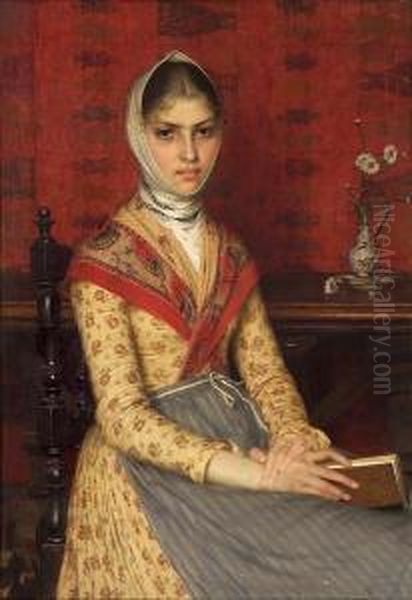 A Portrait Of A Young Woman 
Holding A Book, With A Still Life Of Flowers In An Ornamental Vase On A 
Table Beyond Oil Painting by Filadelfo Simi