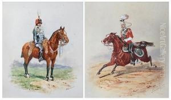 Queen's Royal Lancer On A 
Galloping Horse, Together With Northumberland Hussar On Horseback Oil Painting by Richard Simkin