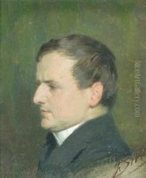 Bildnis Dr. Otto Reith Vor 
Dunkelgrunem Hintergrund, Im Profil Nach Links. Ol Auf Malkarton. 12,2 X
 10,9 Cm. Rechts Unten Signiert Sowie Ruckseitig Mit Dem Stempel Des 
Kunstlers Und No. 10. Rahmen Etwas Beschadigt. Oil Painting by Franz Xaver Simm