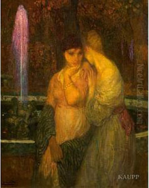In Bluhender Parklandschaft Bei 
Einem Brunnen Zwei Jungedamen Vertraut Miteinander Flusternd Oil Painting by Michel Simonidy
