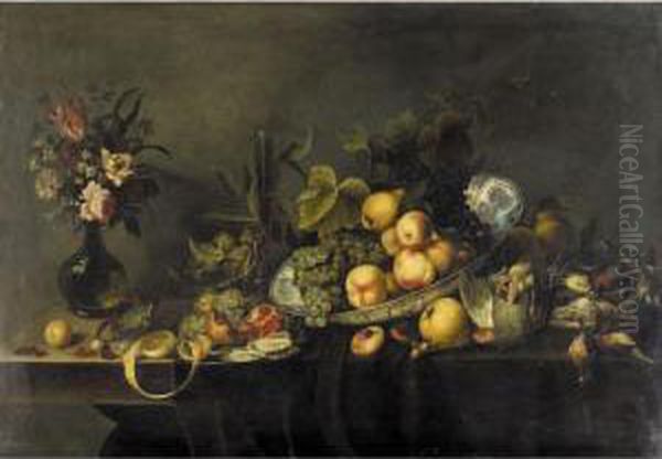 Still Life Of Peaches And Grapes
 In A Porcelain Dish, A Partly Peeled Lemon, An Open Pomegranate And 
Loose Cherries, Along With Dead Game, Oysters And Hazelnuts, All 
Arranged On A Partly Draped Stone Table Oil Painting by Michiel Simons