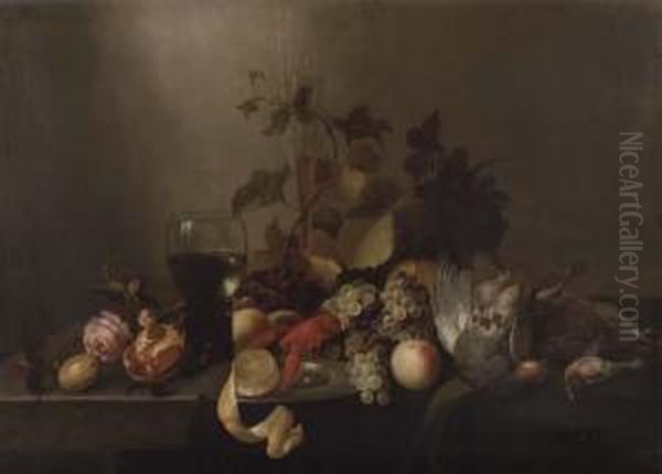 A Rose, A Pomegranate, A Glass 
Flute, Grapes, A Partly Peeled Lemonon A Silver Plate, A Roemer, A 
Lobster, Peaches, A Pheasant Andother Birds On A Partly-draped Table Oil Painting by Michiel Simons