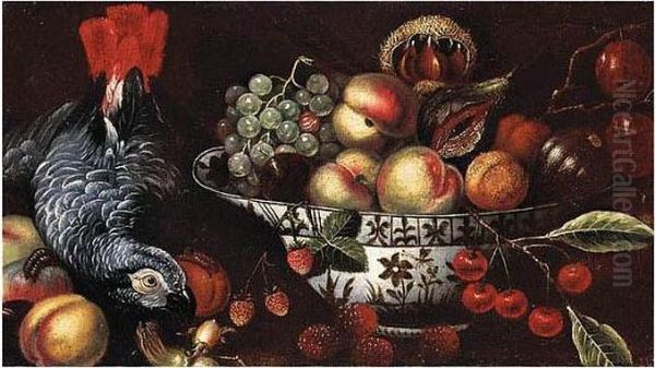 Still Life Of Peaches, Figs, 
Grapes And Plums In A Blue And White Porcelain Bowl, Together With Other
 Fruit And A Grey Parrot Oil Painting by Michiel Simons