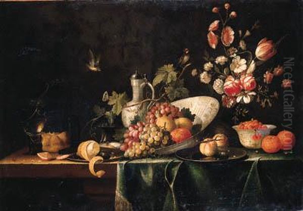 Grapes, Lemons And An Orange In A
 Wan-li Dish, Fraises-des-bois Ina Klapmuts, Peaches And A Peeled Lemon,
 An Oyster And A Prawn Onpewter Plates, A Bun, A Berkemeyer, Oranges, A 
Salt Cellar, Anearthenware Jug And Flowers In A Vase On A Draped Table,  Oil Painting by Pseudo Simons