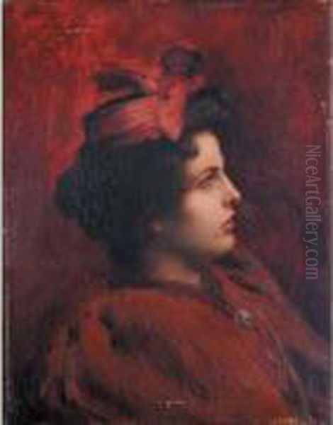 Portait De Jeune Femme Brune En Buste, De Profil, Sur Fond Rouge,
 Avec Des Plumes D'oiseaux Dans Les Cheveux. Oil Painting by Jean Paul Sinibaldi