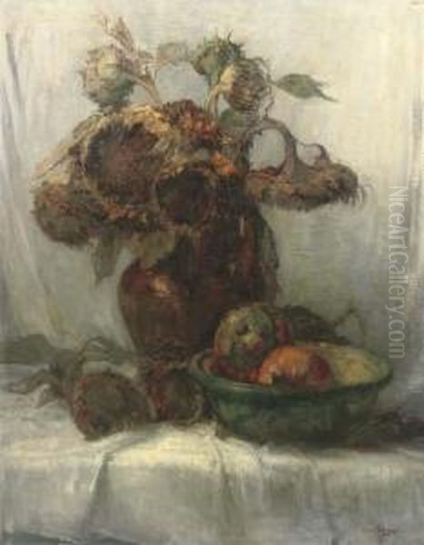 Sunflowers And Pumpkins On A Table Oil Painting by Frans Slager